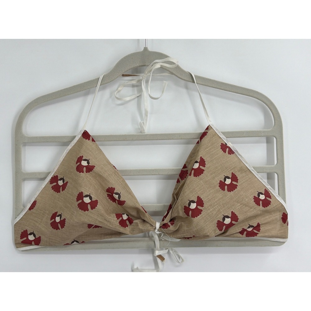 Handmade Tan Red Floral Triangle Halter Bikini Top Linen Blend Swimwear‎